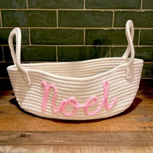 NWOT White Woven Basket w/ pink crocheted NOEL